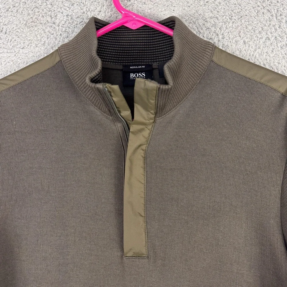Hugo Boss Sweater Mens Medium Olive Green Mock Neck Snap Placket Regular Fit - Picture 2 of 12